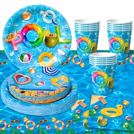 Summer Pool Party Decorations Tableware Set for 24 Guests, Pool Party Tableware Plates and Napkins Summer Themed Cups Tablecloth etc