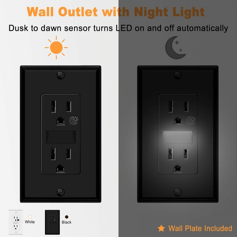 Black Wall Outlet Receptacle with Night Light,Electrical Receptacle Outlets,15A 125V,