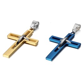 OIDEA Cross Necklace for Men: Stainless Steel High Polish Hollow Openwork Cross Pendant Necklace Hypoallergenic Necklaces for Men Women Gold Blue