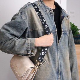 beemorita Black & White Crossbody Purse Strap, Replacement Bag Belt Strap for Purse Handbag Guitar Camera, Adjustable Canvas Wide Shoulder Strap for Women Men, with Golden Hooks（Dog Paw）