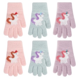 QKURT 3 Pairs Unicorn Gloves Winter Warm Magic Kids Gloves Children Full Finger Gloves with Cute Cartoon Pattern for 5-10 Years Old Girls