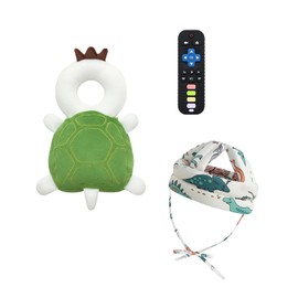 PLOVZ Baby Head Protector Backpack Head Protection Pillow, Baby Helmet for Crawling Walking and Baby Teething Toys 3Pcs Set(Green Turtle)
