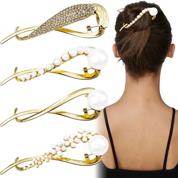 Arvintas 4PCS Pearl Decor Banana Clip, Rhinestone One Word Hair