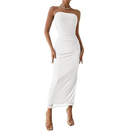 PRETTYGARDEN Women's Summer Maxi Bodycon Dresses Strapless Tube Top Printed Long Party Club Slit Dress (White,Large)