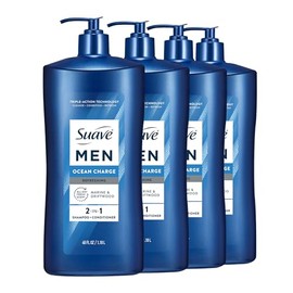 Suave Men Ocean Charge 2 in 1 Refreshing Shampoo & Conditioner with Pro Vitamin B5, Hydrates & Revitalizes Hair, Ocean Fresh Scent, 4 Count, 40 FL OZ 