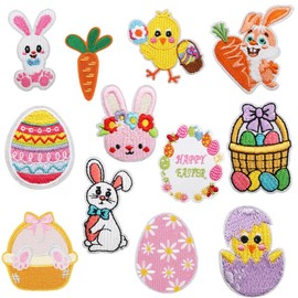 12 Packs Easter Theme Iron on Patches Cartoon Embroidered Bunny Appliques Cute Easter Egg Rabbit Carrot Basket Chicks Designs Iron on/Sew on Patches for Clothes, Hat, Jacket, T-Shirt DIY Craft Decor