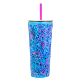 Lilly Pulitzer Double Wall Tumbler with Lid and Reusable Straw, Blue Plastic Cup, Insulated Travel Cup Holds 24 Ounces, Shells N Bells