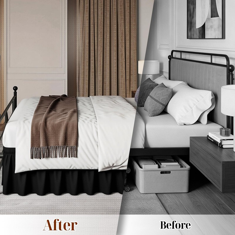 Vocander Black Split Corner Bed Skirt for King Beds 14
