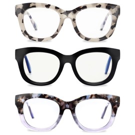 LADEESSE Readers for Women Oprah Style 3 Pack Square Reading Glasses with Spring Hinge Blue Light Blocking Ladies (Black+Grey+Blue, 2.00)