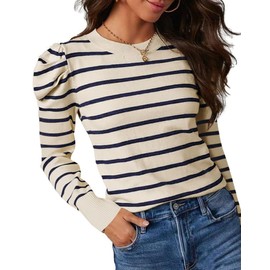 UNCLECAT Women's Striped Sweater Trendy Lightweight Sweaters Puff Long Sleeve Tops Casual Knit Pullover Shirts Apricot
