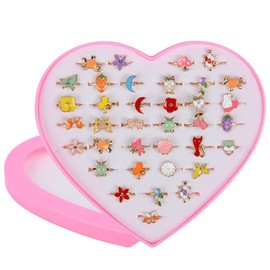 OSDUE 36 Pcs Little Girl Jewel Rings in Box, Adjustable, No Duplication Kids Jewelry Rings Set with Heart Shape Display Case, Girl Pretend Play and Dress up Rings for 3-12 Year Old Girl Birthday Gifts
