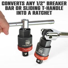 CROM Breaker Bar Ratchet Adapter - 1/2-Inch Ratcheting Adapter Converts Sliding T-Handle or Fixed Bar into a Reversible Ratchet with Anodized Switch Collar