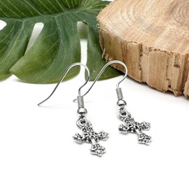 Cross Charm Earrings, Tibetan Silver Celtic Style Faith Charms on Nickel Free Hooks : 32mm long, Gift for Women, Ornate Christian Drop Earrings