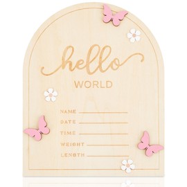 Hello World Baby Announcement Sign Newborn Welcome Name Board – 5.9"x4.7" Door-Shaped Birth Stat Plaque with 3D Pink Butterfly & White Flowers – Photo Prop & Keepsake for New Parents Nursery Decor