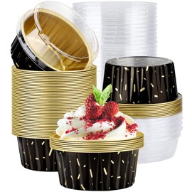 EUSOAR Foil Ramekins with Lids, Black 60Packs 5oz Disposable Baking Cups Foil Liner Cupcake Container, Dessert Cheesecake Pan Creme Brulee Cupcake Containers for Catering Gathering Club Wedding Party