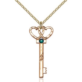 Bonyak Jewelry Gold Filled Small Key w/Double Hearts Pendant w/ 3mm May Green Crystal 1 1/4 X 1/2 inches w/ 18 inch Curb Chain