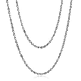 AFSTALR Men's Stainless Steel Twisted Cord Chain Silver Necklace 2/2.5/3/4 mm Wide Chain for Men 45/50/55/60/70 cm, Stainless Steel