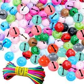 Pack of 60 bells for crafts, 22 mm, colourful small bells, with colourful rope for crafts, jewellery, Christmas decoration, pet bells
