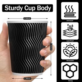 GGOLDMER Disposable Coffee Cups 12 oz, 100 Pack Heavy-Duty Black Coffee Cup, Corrugated Paper Pape Cups, Insulated Ripple To-Go Cup for Party Hot or Cold Drink Beverage (Black)
