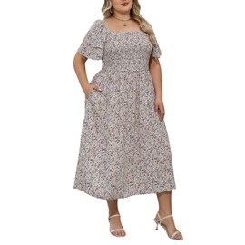 Nemidor Plus Size Summer Print Midi Boho Dress for Curvy Women Casual Smocked Floral Long Beach Dresses with Pocket 16-26(594,22,BeigePrint)