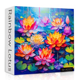 Rainbow Lotus Flower Puzzle 1000 Pieces for Adults, Colorful Water Lilies Jigsaw Puzzles, Impossible Nature Art Summer Puzzle as Floral Garden Decor