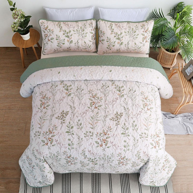 Anibedding King Size Quilt Sets Green Floral Pattern Quilt Bedding