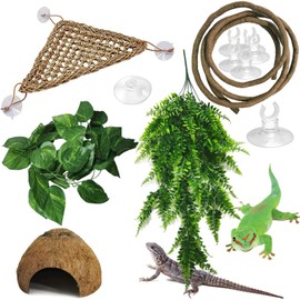 kathson Bearded Dragon Hammock Reptile Plant Hanging Terrarium Boston Plant Jungle Climber Vines Flexible Leaves Lizards Habitat Decor Accessories Coconut Hide for Chameleon Gecko Snakes 5PCS