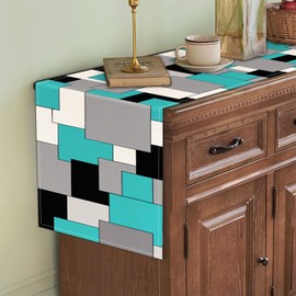 Farmhouse Modern Abstract Table Runner Linen Burlap Table Runners 72 Inches Long,Geometric White and Aqua Color Table Runner for Dresser, Party, Living Room, Dining Table Decor 13"x72"