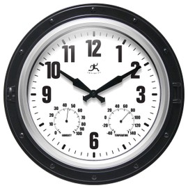 Infinity Instruments Forecaster Indoor/Outdoor Wall Clock, Thermometer, Hygrometer Combo, Stylish Durable Waterproof Weather Station for Your Home, 16 Inch, Black