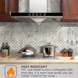 STICKGOO Arabesque Peel and Stick Backsplash Tile, Stick on Backsplash for Kitchen and Bathroom, Beige Marble Look PVC Mixed Metal Aluminum Mosaic Tiles (10 Sheets)