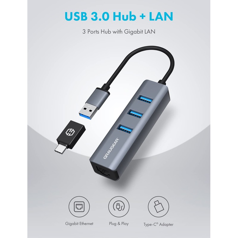 GRAUGEAR | 3 Ports USB 3.0 HUB + Gigabit Ethernet