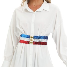 SHINEVAN Women's Shiny Sequin Elastic Belt Wide Decorative Dress Belt Cute Belt For Girls With Metal Interlocking Buckle (red white blue)