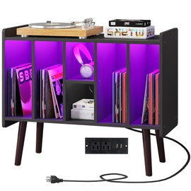 Clikuutory Large Record Player Stand, Vinyl Record Storage Cabinet with Power Outlet & LED Lights Holds Up to 200 Albums, Turntable Stand with Round Wood Legs for Bedroom , Living Room, Black