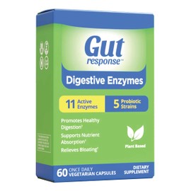 Gut Response Digestive Enzymes, Digestive Support, Relieves Bloating, 5 Probiotic Strains, 11 Active Enzymes, 60 Capsules