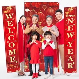 Qpout 3pcs Happy Chinese New Year Porch Door Banner,2025 Year of The Snake Banner Hanging Decorations for Home Indoor Outdoor Red Spring Festival Lunar New Year Party Favor Supplies