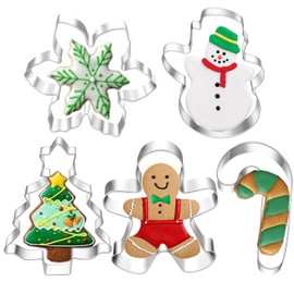 5Pcs Christmas Cookie Cutters,Winter Holiday Cookies Cutter Mold Shapes Gingerbread Men, Snowman,Christmas Tree, Snowflake, Candy Cane with Decorating Instructions - Stainless Steel