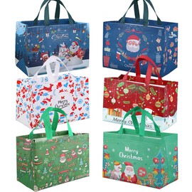 DOJoykey Christmas Tote Bags, 6 Pack Gift Bags with Handle Reusable Festive Grocery Shopping Bags for Christmas Party