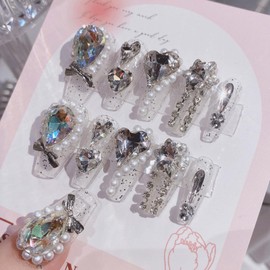 SINHOT Luxury Press on Nails - Long Coffin Fake Nails 3D Handmade Hearts & Pearls Reusable False Nails with Rhinestone Designs,DIY Artificial Nail Art, 24pcs