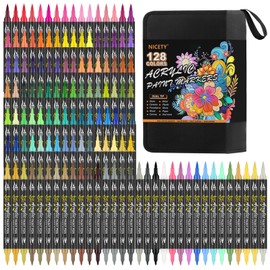 NICETY 128 Acrylic Paint Markers, Dual Tip Brush Paint Pens for Rock Painting, Wood, Glass, Stone, Canvas, Ceramic, Fabric - Fine & Brush Tip Water Based Acrylic Markers Pens
