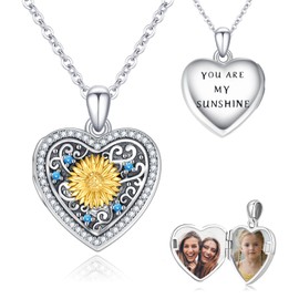 REDSUN Heart Locket Necklace 925 Sterling Silver Sunflower Heart Locket Chain Holds Pictures Photo Amulet Locket Jewellery for Women Girls Mother Wife Girlfriend, Sterling Silver