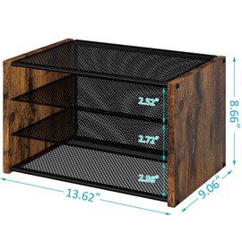 DAOUTIME 3-Tier Paper Organizer Letter Tray, Wooden Desk File Organizer, Stackable Metal Mesh Desk Organizer for A4 Printer Paper Storage. Small Paper Trays for Home Office School, Rustic Brown