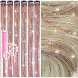 Hair Tinsel Clip in Gold-pink Fairy Hair Tinsel Kit, 12 Pcs 24 Inch Glitter Clip in Hair Extensions for Girls Women Kids Christmas New Year Festival Party (Gold-pink)
