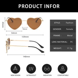 YAMEIZE Vintage Rimless Love Heart Sunglasses - Metal Frame for Women Men Trendy Heart Shape Red Pink Heatt Glasses Party Funky, Gold Brown