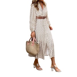 LOLONG Long Sleeve Dress for Women Fall Casual Button Front Printed Ruffle Hem Boho Flowy Midi Dresses with Belts Vacation Trendy