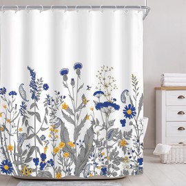 Riyidecor Floral Wildflower Shower Curtain for Bathroom Decor 60Wx72H Mandala Paisley Plant Blue Yellow Spring Nature Leaves Rustic Farm Art Printed Fabric Polyester Waterproof 12 Pack Plastic Hooks