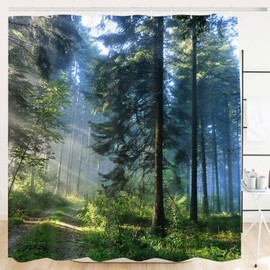 Alishomtll Forest Shower Curtain, Green Anti-Mould Shower Curtains, Textile Waterproof Shower Curtains, Bathtub, Washable with 12 Hooks, 120 x 180 cm