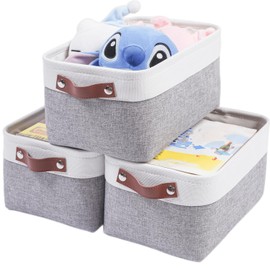 Mangata 3 Stück Aufbewahrungskorb Stoff, Kleine Aufbewahrungsbox Schrank, Korb Aufbewahrung Stoff mit Leder-Tragegriff für Spielzeug, Kleiderschrank, Regale, Kleidung(S, Grau Weiß)