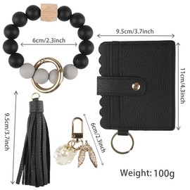 Guran Wristlet Wallet Bracelet Keychain,Card Holder Purse Tassel Keychain Bangle Key Ring for Women, Black, 14cm