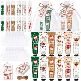 Demissle 12 Pcs Christmas Hot Cocoa Supplies Xmas Party Stuffers Christmas Stocking Favors Xmas Red Green Hand Cream and Lip Balm Gifts Set for Baby Shower Guests
