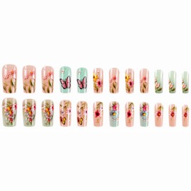 MISUD Press on Nails Long Square Fake Nails Glossy Glue on Nails Colorful Flower Acrylic Nail Supplies Squoval Artificial Nail Art Summer Butterfly Stick on False Nails with Design DIY 24 pcs